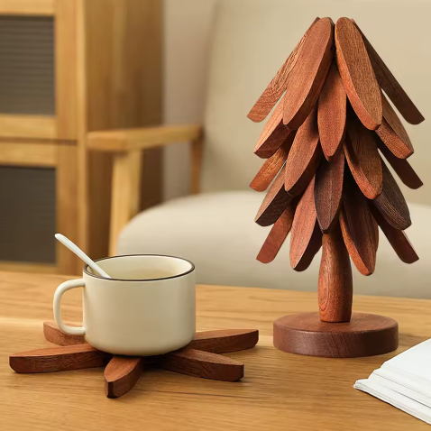 Houten Opvouwbare Boom Onderzetterset met Standaard – Boomvormige Onderzetters