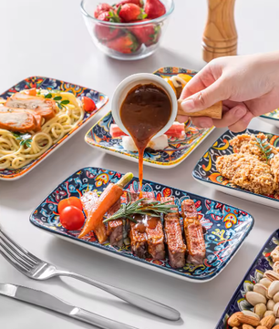 Set van 6 of 12 Rechthoekige Porseleinen Serveerschalen – Bohemian Dinerborden