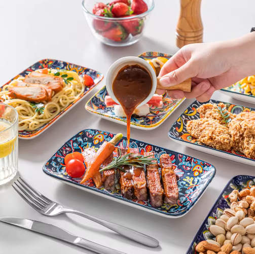 Set van 6 of 12 Rechthoekige Porseleinen Serveerschalen – Bohemian Dinerborden