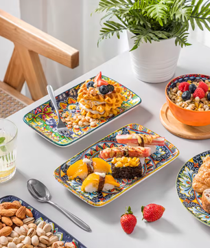 Set van 6 of 12 Rechthoekige Porseleinen Serveerschalen – Bohemian Dinerborden