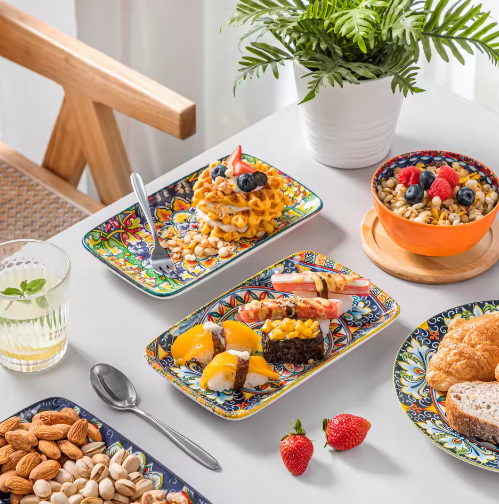 Set van 6 of 12 Rechthoekige Porseleinen Serveerschalen – Bohemian Dinerborden