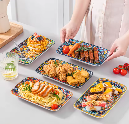Set van 6 of 12 Rechthoekige Porseleinen Serveerschalen – Bohemian Dinerborden