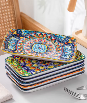Set van 6 of 12 Rechthoekige Porseleinen Serveerschalen – Bohemian Dinerborden