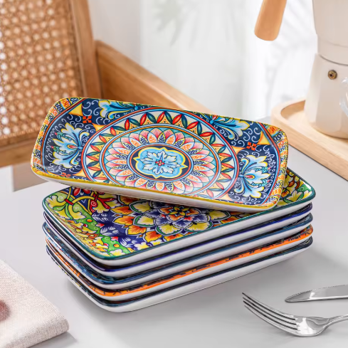 Set van 6 of 12 Rechthoekige Porseleinen Serveerschalen – Bohemian Dinerborden