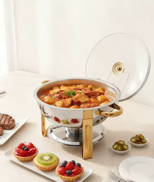 Ronde RVS Chafing Dish 5L – Buffet Warmhoudschaal met Deksel en Brandstofhouder