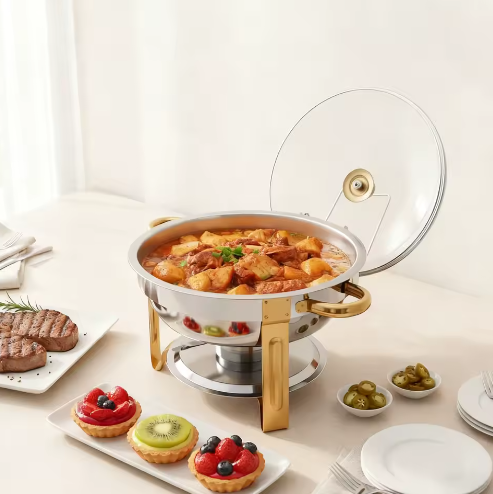 Ronde RVS Chafing Dish 5L – Buffet Warmhoudschaal met Deksel en Brandstofhouder