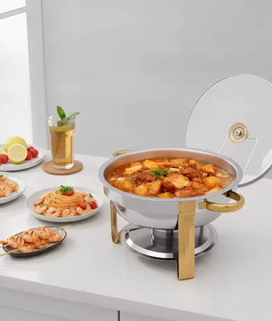 Ronde RVS Chafing Dish 5L – Buffet Warmhoudschaal met Deksel en Brandstofhouder