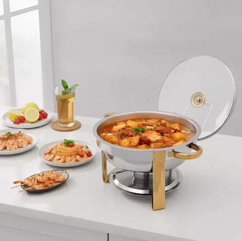Ronde RVS Chafing Dish 5L – Buffet Warmhoudschaal met Deksel en Brandstofhouder