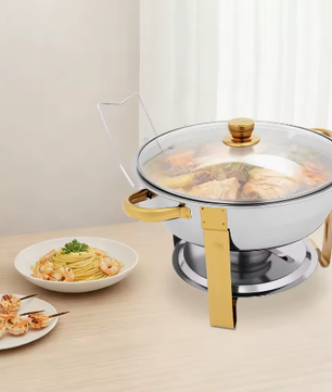 Ronde RVS Chafing Dish 5L – Buffet Warmhoudschaal met Deksel en Brandstofhouder