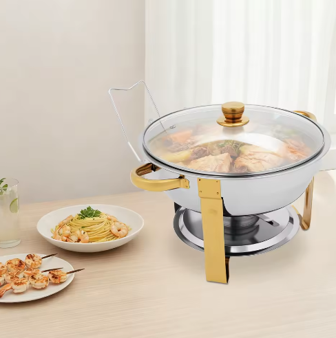 Ronde RVS Chafing Dish 5L – Buffet Warmhoudschaal met Deksel en Brandstofhouder
