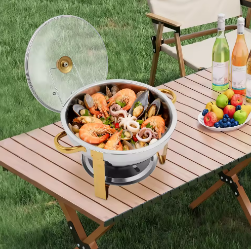 Ronde RVS Chafing Dish 5L – Buffet Warmhoudschaal met Deksel en Brandstofhouder