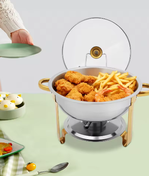 Ronde RVS Chafing Dish 5L – Buffet Warmhoudschaal met Deksel en Brandstofhouder