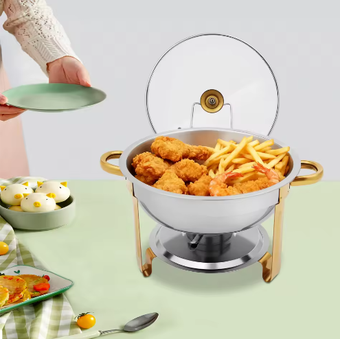 Ronde RVS Chafing Dish 5L – Buffet Warmhoudschaal met Deksel en Brandstofhouder