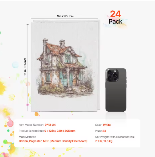 Set van 24 Canvas Schilderpanelen – Schilderdoeken voor Acryl, Olieverf en Aquarel