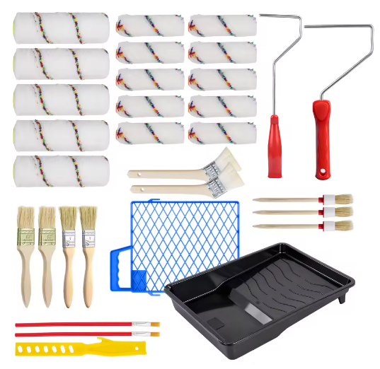 31-Delige Verfroller Set – Schildergereedschap met Rollen, Penselen en Verfbak