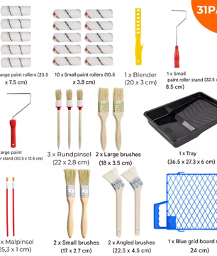 31-Delige Verfroller Set – Schildergereedschap met Rollen, Penselen en Verfbak