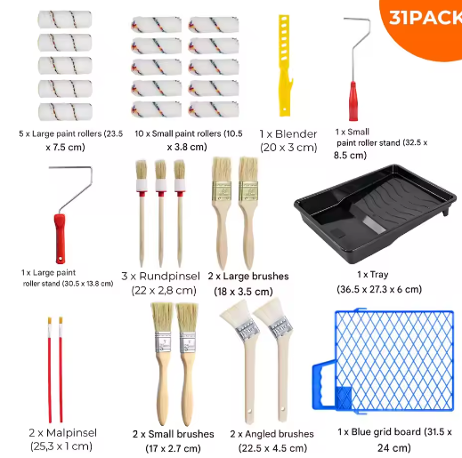 31-Delige Verfroller Set – Schildergereedschap met Rollen, Penselen en Verfbak
