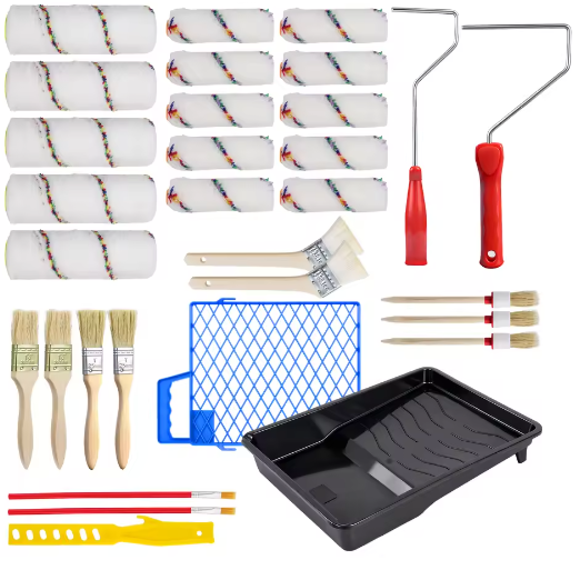 31-Delige Verfroller Set – Schildergereedschap met Rollen, Penselen en Verfbak