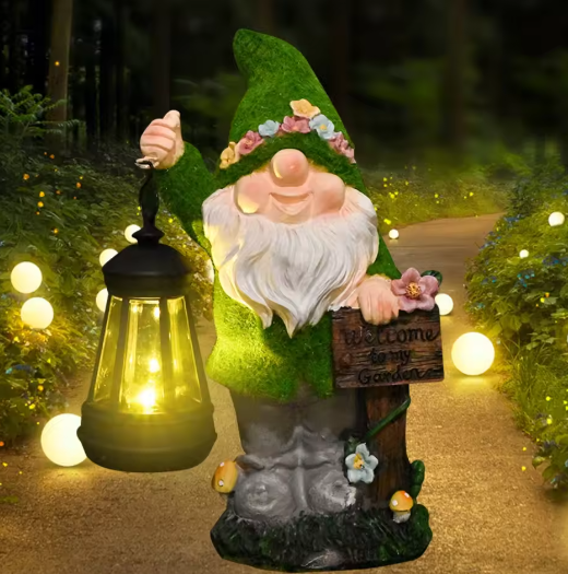 Tuinkabouter Beeld met Solar Lantaarn – Decoratief Tuinbeeld voor Buiten