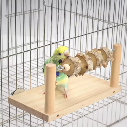 Houten Papegaai Platform met Zitstok – Vogel Kooi Accessoire met Kauwtouw