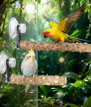 Houten Vogelbaars met Zuignap voor Raam, Spiegel en Douche – Natuurlijke Zitstok voor Huisdier Vogels