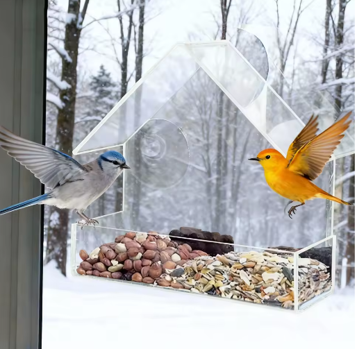 Transparant Vogelvoederhuisje met Zuignappen – Acryl Raam Voederbak voor Buiten