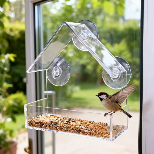 Transparant Vogelvoederhuisje met Zuignappen – Acryl Raam Voederbak voor Buiten