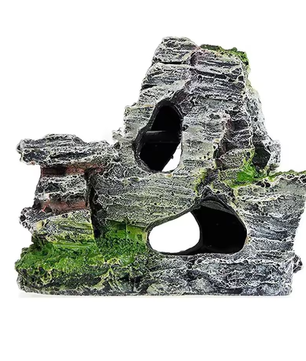 Aquarium Grot Decoratie met Groen Gras – Hars Rots en Berg Ornament voor Vissentank