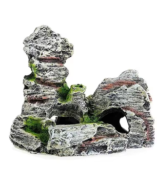Aquarium Grot Decoratie met Groen Gras – Hars Rots en Berg Ornament voor Vissentank