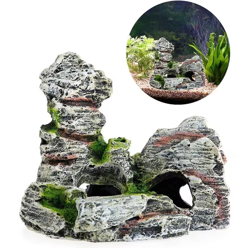 Aquarium Grot Decoratie met Groen Gras – Hars Rots en Berg Ornament voor Vissentank
