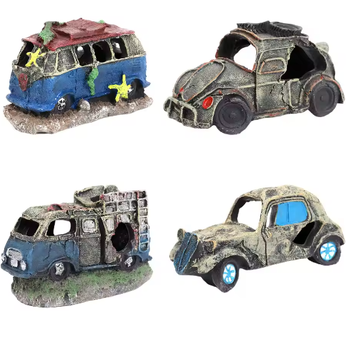 Auto Wrak Aquarium Decoratie – Hars Ornament met Schuilplaats voor Vissen en Aquatische Dieren