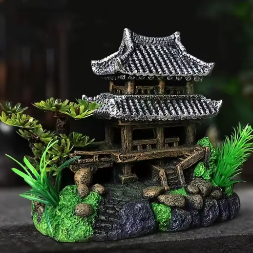 Aquarium Huis Decoratie – Hars Ornament met Brug en Landschap voor Vissentank