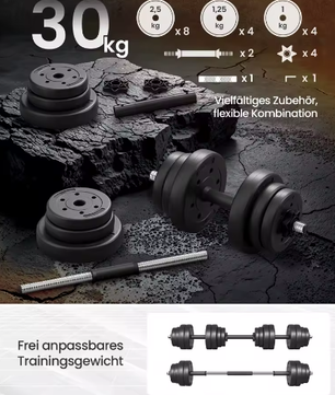 2-in-1 Dumbbell Set met Halterstang – Verstelbaar Gewicht Tot 30 kg voor Krachttraining Thuis