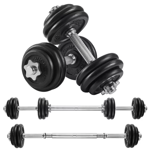 2-in-1 Halterset met Verstelbaar Gewicht – Dumbbells en Halterstang tot 30 kg voor Thuisfitness