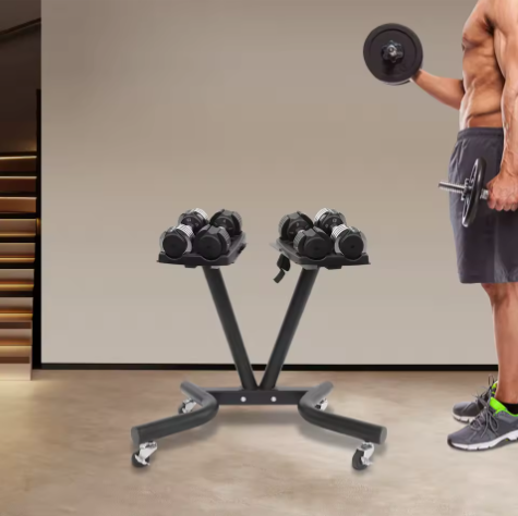 V-Vormig Halterrek met Wielen – Verstelbare Dumbbell Standaard voor Thuisgym en Fitnessruimte