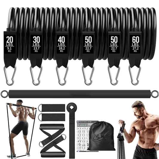Workout Bar met Weerstandsbanden Set – Multifunctionele Fitness Bar voor Krachttraining en Thuisworkouts