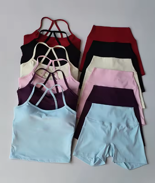 Yoga Gym Set – Halter Top, High Waist Shorts en Backless BH Vest, Naadloze Geribbelde Stretch Fitness Set