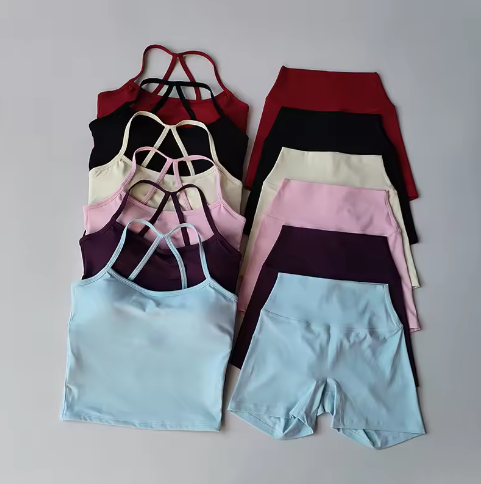 Yoga Gym Set – Halter Top, High Waist Shorts en Backless BH Vest, Naadloze Geribbelde Stretch Fitness Set