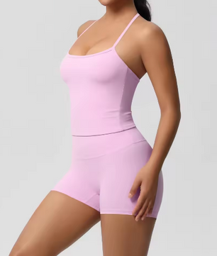 Yoga Gym Set – Halter Top, High Waist Shorts en Backless BH Vest, Naadloze Geribbelde Stretch Fitness Set