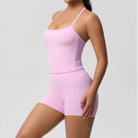 Yoga Gym Set – Halter Top, High Waist Shorts en Backless BH Vest, Naadloze Geribbelde Stretch Fitness Set