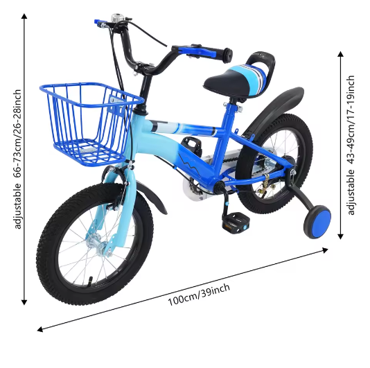 14 Inch Kinderfiets – Met Zijwielen, Mand en Dubbele Remmen, Verstelbaar Zadel en Stuur