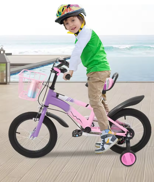 14 Inch Kinderfiets – Met Zijwielen, Mand en Dubbele Remmen, Verstelbaar Zadel en Stuur