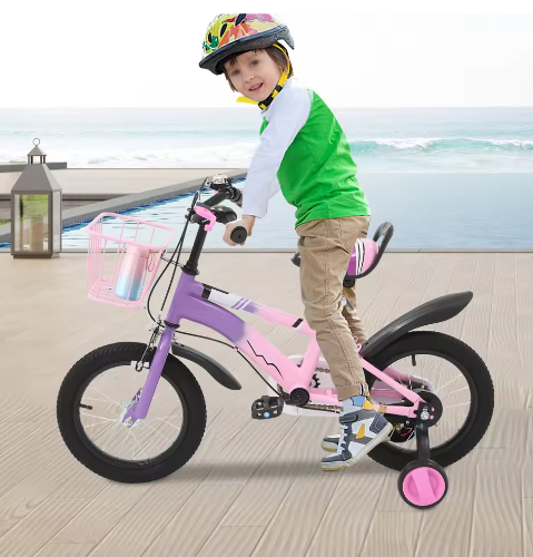 14 Inch Kinderfiets – Met Zijwielen, Mand en Dubbele Remmen, Verstelbaar Zadel en Stuur