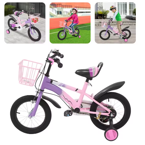 14 Inch Kinderfiets – Met Zijwielen, Mand en Dubbele Remmen, Verstelbaar Zadel en Stuur