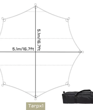Extra Grote Octagon Camping Tarp 510x510 cm – Waterdicht Zonnescherm en Multifunctionele Outdoor Luifel