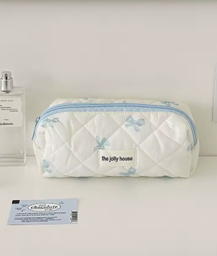 Katoenen Toilettas met Strik – Gewatteerde Make-up Organizer met Ritssluiting voor Dames en Meisjes