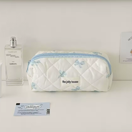 Katoenen Toilettas met Strik – Gewatteerde Make-up Organizer met Ritssluiting voor Dames en Meisjes