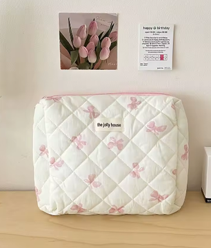 Katoenen Toilettas met Strik – Gewatteerde Make-up Organizer met Ritssluiting voor Dames en Meisjes