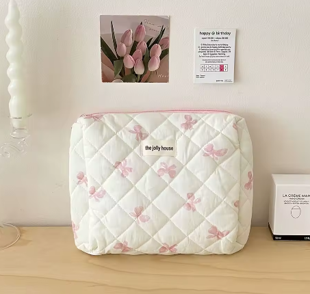 Katoenen Toilettas met Strik – Gewatteerde Make-up Organizer met Ritssluiting voor Dames en Meisjes