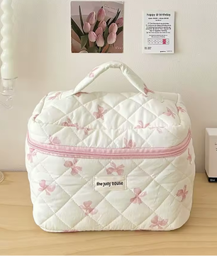 Katoenen Toilettas met Strik – Gewatteerde Make-up Organizer met Ritssluiting voor Dames en Meisjes